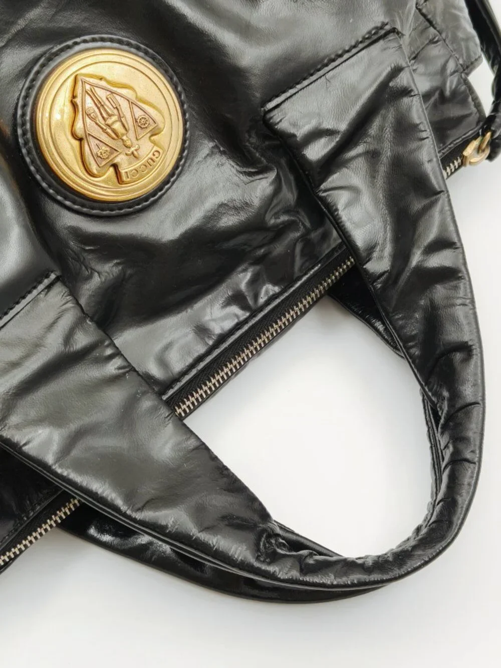 Gucci Hysteria Black Patent Leather Top Handle Bag Gold Crest Medallion